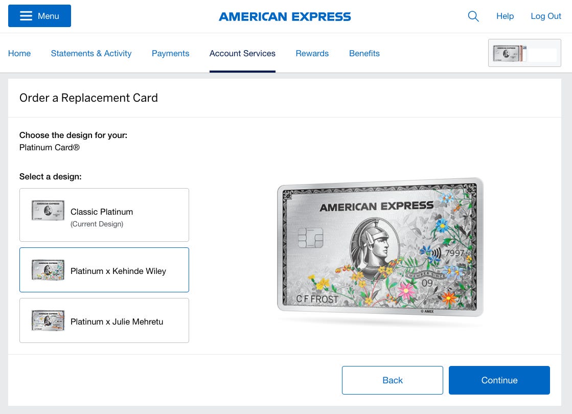 Screenshot des Bestellformulars für neue Amex Platinum-Kartendesigns mit dem floralen Platinum x Kehinde Wiley-Kunstwerk.