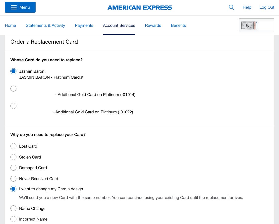 Screenshot des Formulars „Ersatzkarte bestellen“ in einem Amex Platinum Online-Konto.