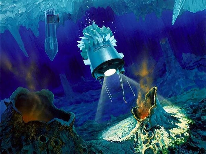 Illustration Unterwasserroboter, der Tiefseeöffnungen im fremden Ozean untersucht