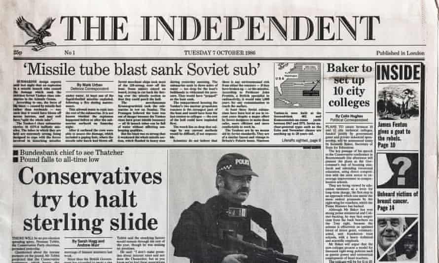 Die Titelseite der ersten Ausgabe der Zeitung Independent im Jahr 1986, entworfen von Nicholas Thirkell bei CDT.