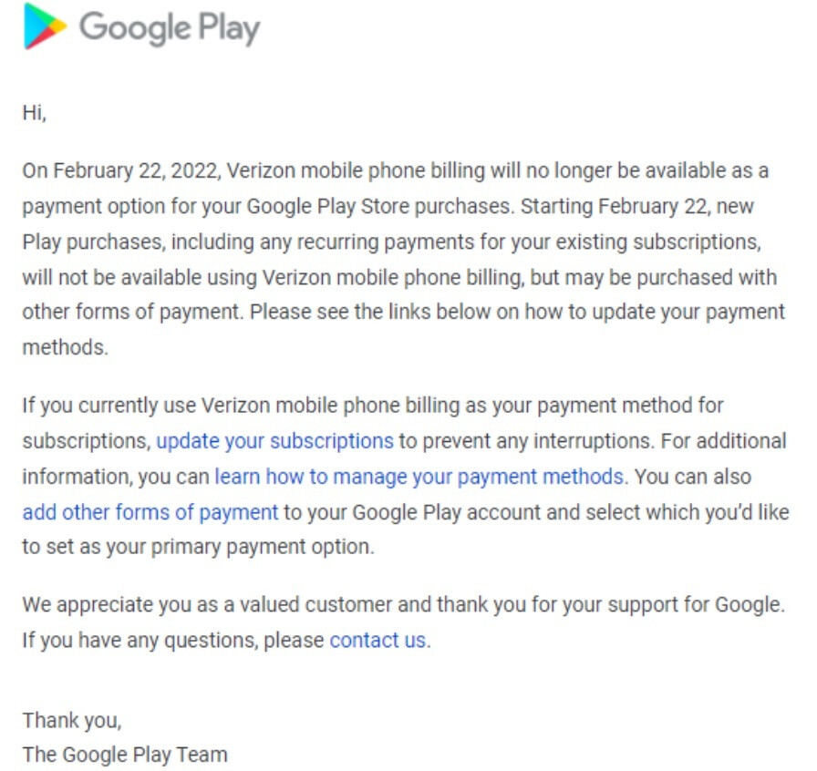 Kunden von Verizon und AT&T können für Google Play Store-Apps, Abonnements und In-App-Zahlungen nicht mehr die Abrechnung über den Mobilfunkanbieter verwenden. Kunden von Verizon und AT&T müssen möglicherweise anpassen, wie sie für Käufe bei Google Play bezahlen