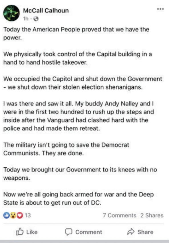 Screenshot von Calhouns Facebook-Posts nach dem Aufstand im Kapitol, so die Staatsanwaltschaft.