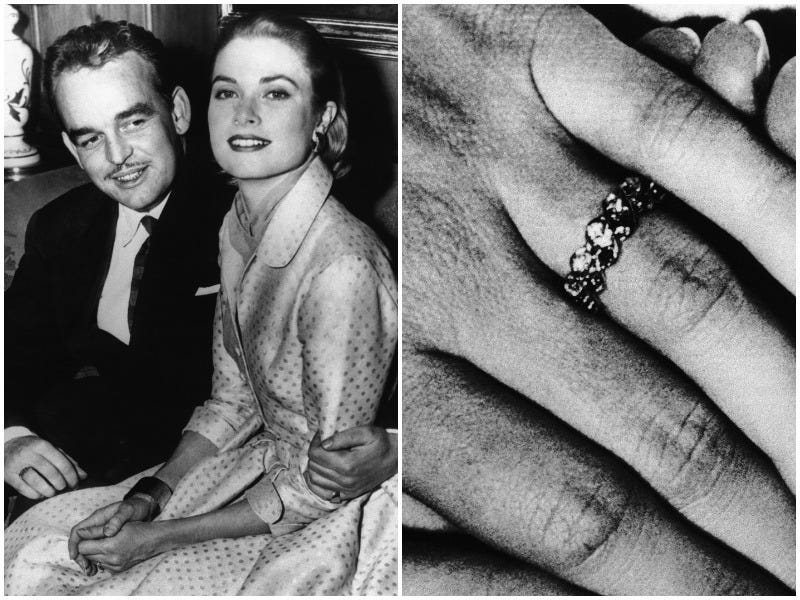 Fürst Rainier III. von Monaco (links) und seine Verlobte US-Schauspielerin Grace Kelly mit ihrem Verlobungsring in einem Nebeneinander-Bild.