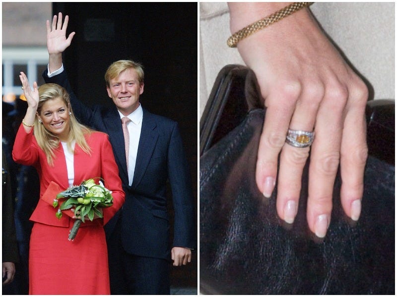 Links: Maxima Zorreguieta und der niederländische Kronprinz Willem Alexander geben ihre Verlobung bekannt.  Rechts: Der Verlobungsring mit einem orangefarbenen Diamanten.