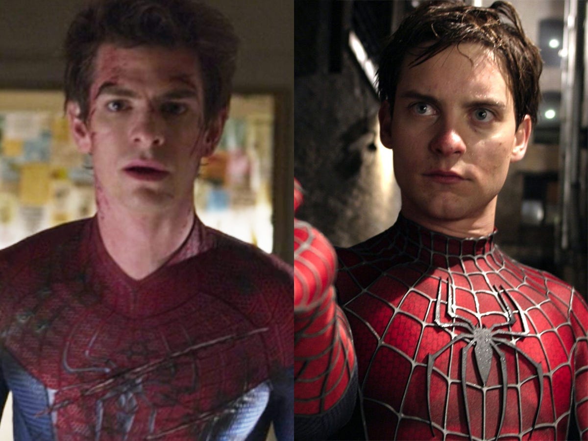Links: Andrew Garfield in „The Amazing Spider-Man 2“.  Rechts: Tobey Maguire in Sam Raimis „Spider-Man“-Trilogie.