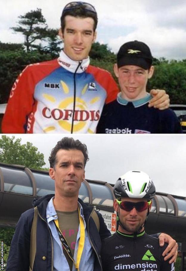 Zwei Fotos von Mark Cavendish und David Millar zusammen, das erste 1999, das zweite 2017
