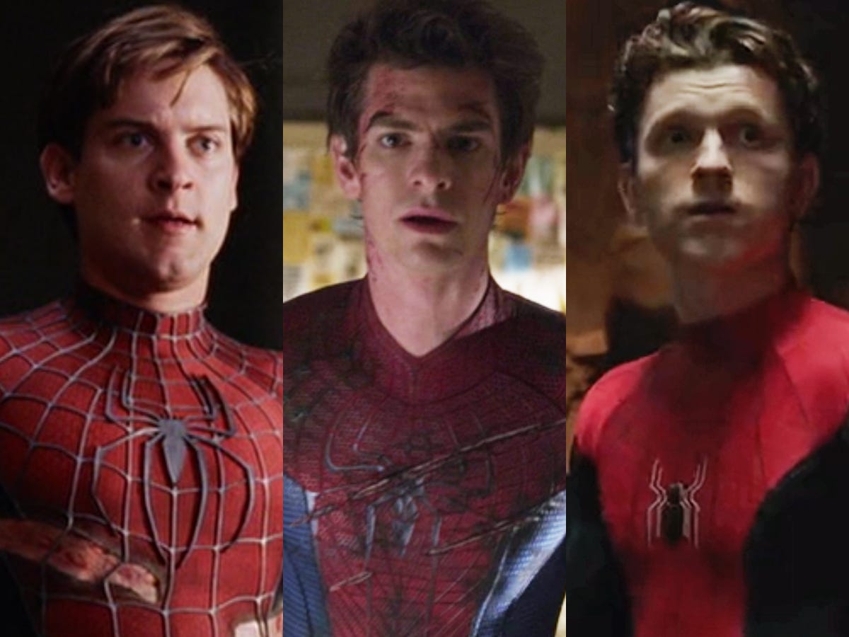 Von links: Tobey Maguire in „Spider-Man 2“, Andrew Garfield in „The Amazing Spider-Man“ und Tom Holland in „Spider-Man: No Way Home“.