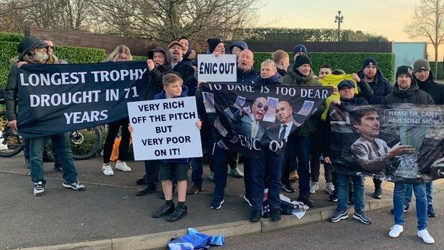 Spurs-Anhänger zeigen Transparente, die gegen die Eigentümerschaft des Clubs protestieren