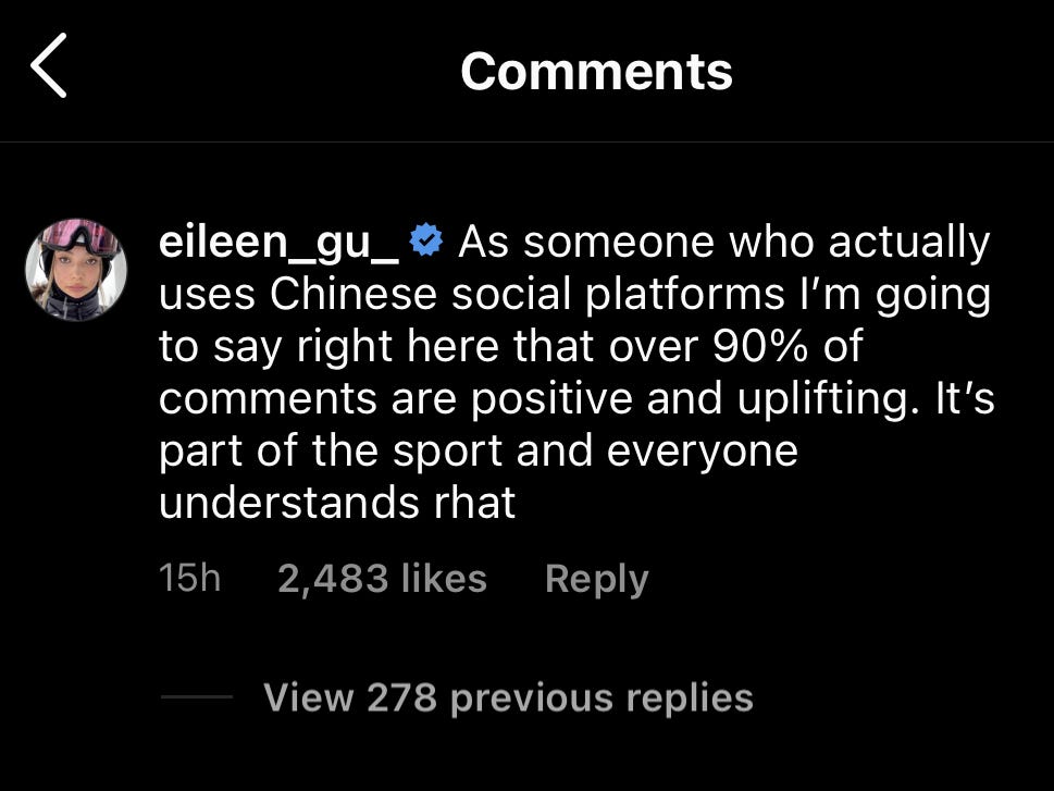 Eileen Gu kommentiert auf Instagram
