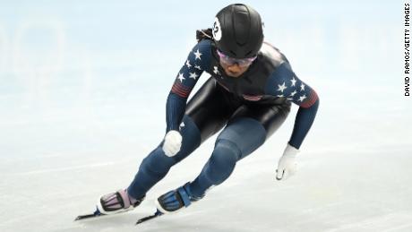 Maame Biney während einer Shorttrack-Trainingseinheit im Eisschnelllauf vor den Olympischen Winterspielen 2022 in Peking.