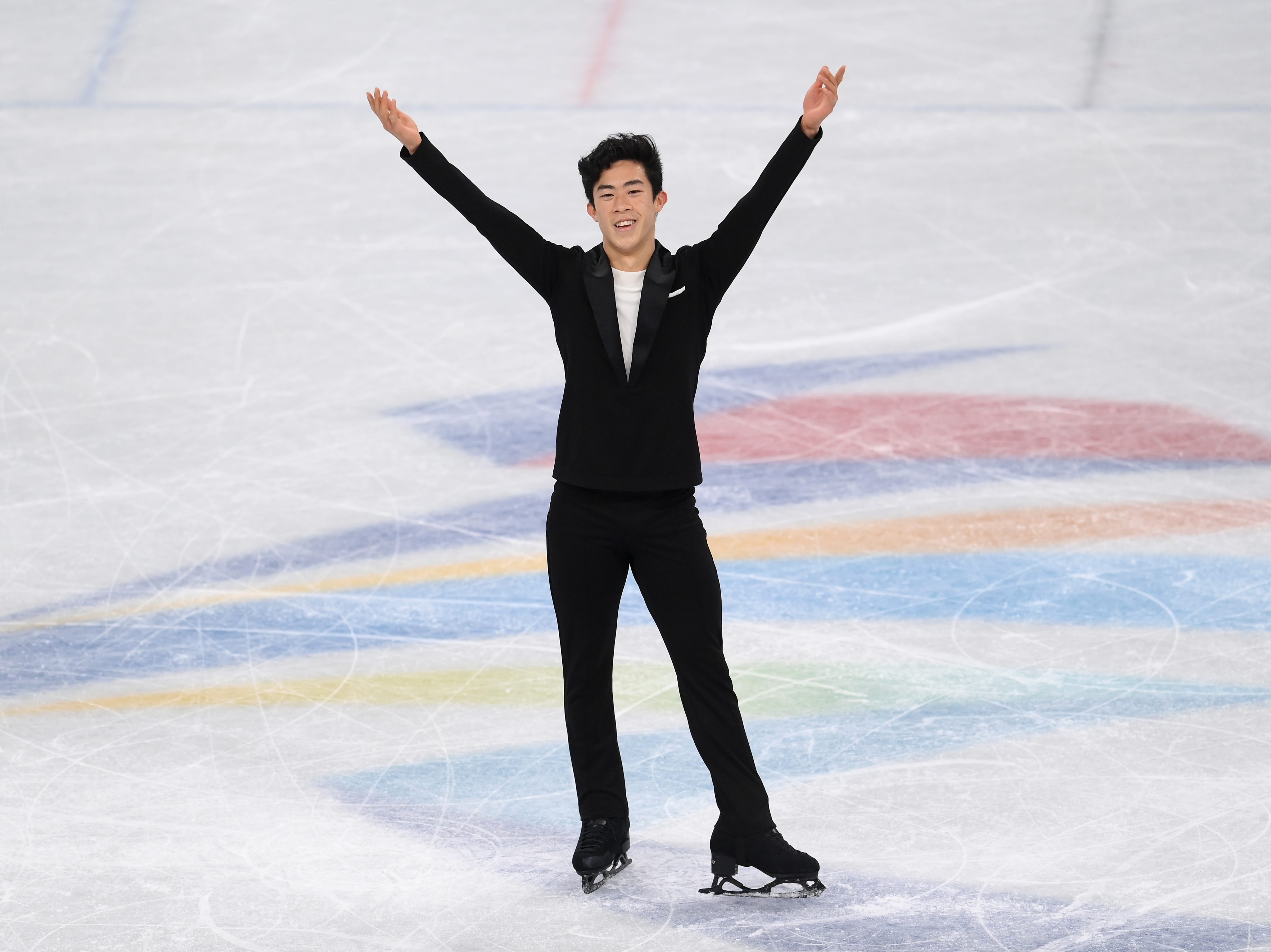 Nathan Chen vom Team United States reagiert während des Men Single Skating Short Program am vierten Tag der Olympischen Winterspiele 2022 in Peking im Capital Indoor Stadium am 8. Februar 2022 in Peking, China.