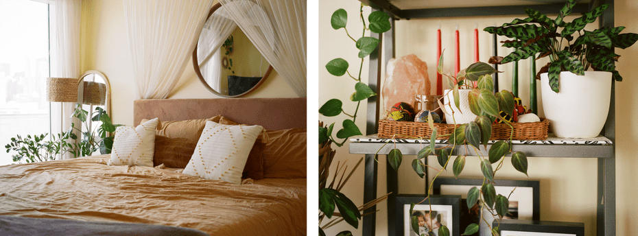 Links: Ein Bett mit weißen Kissen und lachsfarbenen Decken;  Rechts: Nahaufnahme eines Standes mit Pflanzen, Kerzen und Bilderrahmen. 