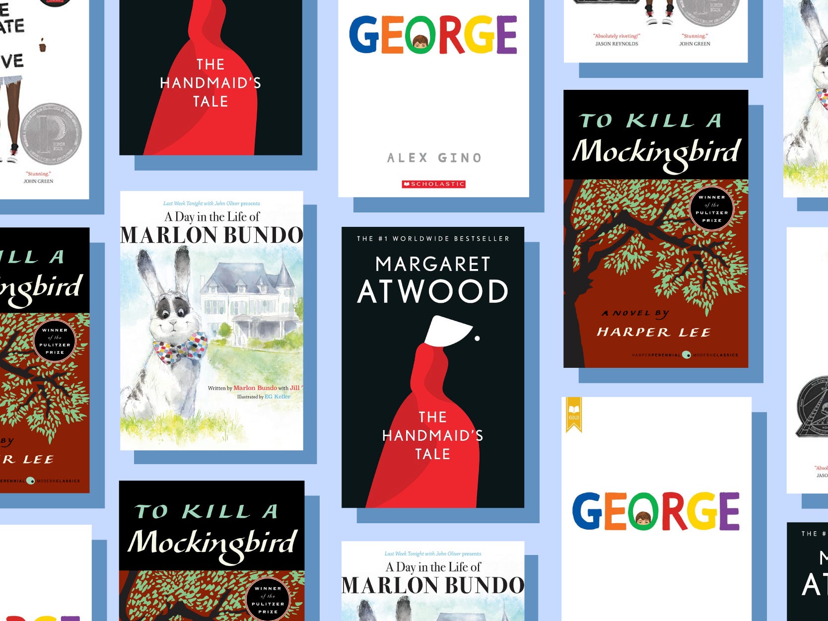 Collage aus häufig verbotenen Büchern, darunter To Kill A Mockingbird, The Handmaid's Tale und George 4x3