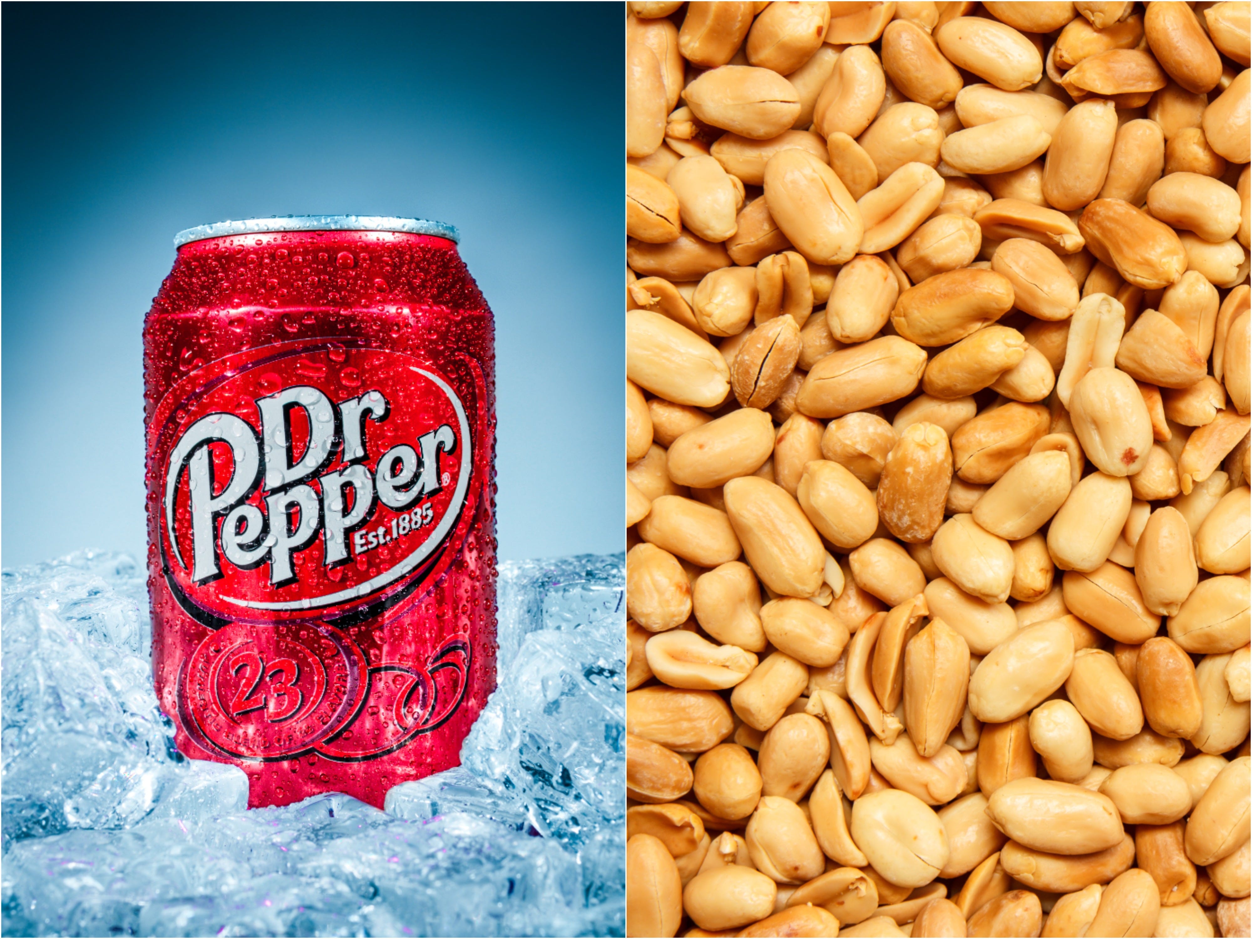 Ein roter Dr. Pepper kann neben vielen geschälten Erdnüssen im Eis sitzen.