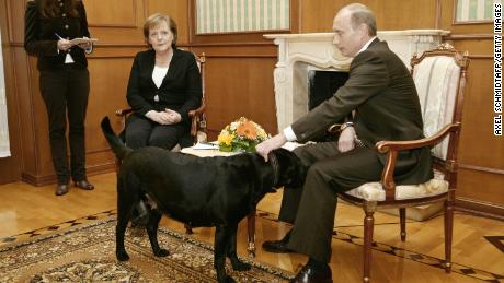 Der russische Präsident Wladimir Putin streichelt seinen Hund während einer Pressekonferenz mit der deutschen Bundeskanzlerin Angela Merkel in Sotschi, 2007. 