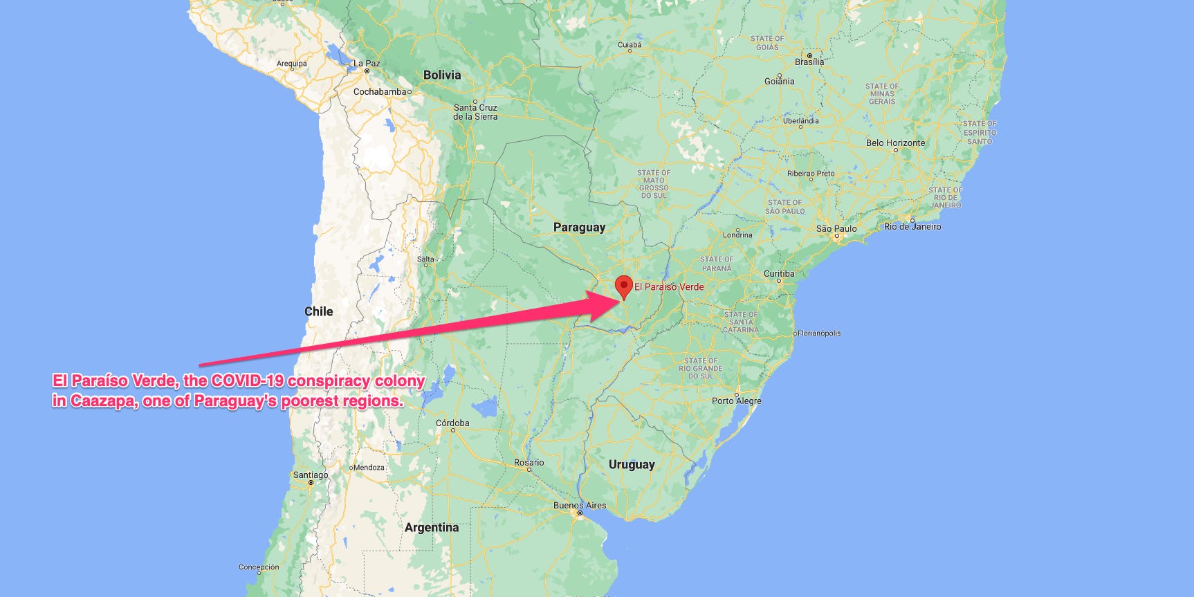 Eine Karte, die den Standort von El Paraíso Verde im Süden Paraguays zeigt
