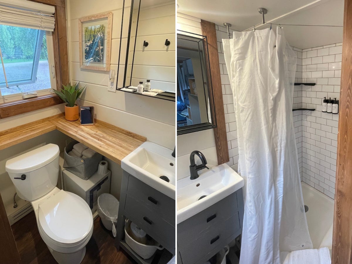 Side-by-Side-Bilder des Badezimmers.