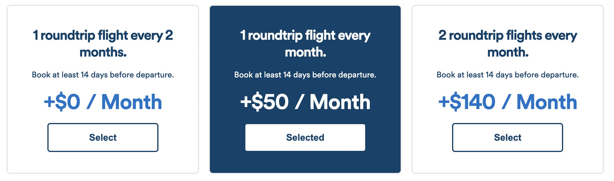 Flight Pass-Abonnementoptionen beginnen bei 49 $ pro Monat.  Die zweite Option kostet 99 $ pro Monat, während die dritte 189 $ pro Monat kostet.