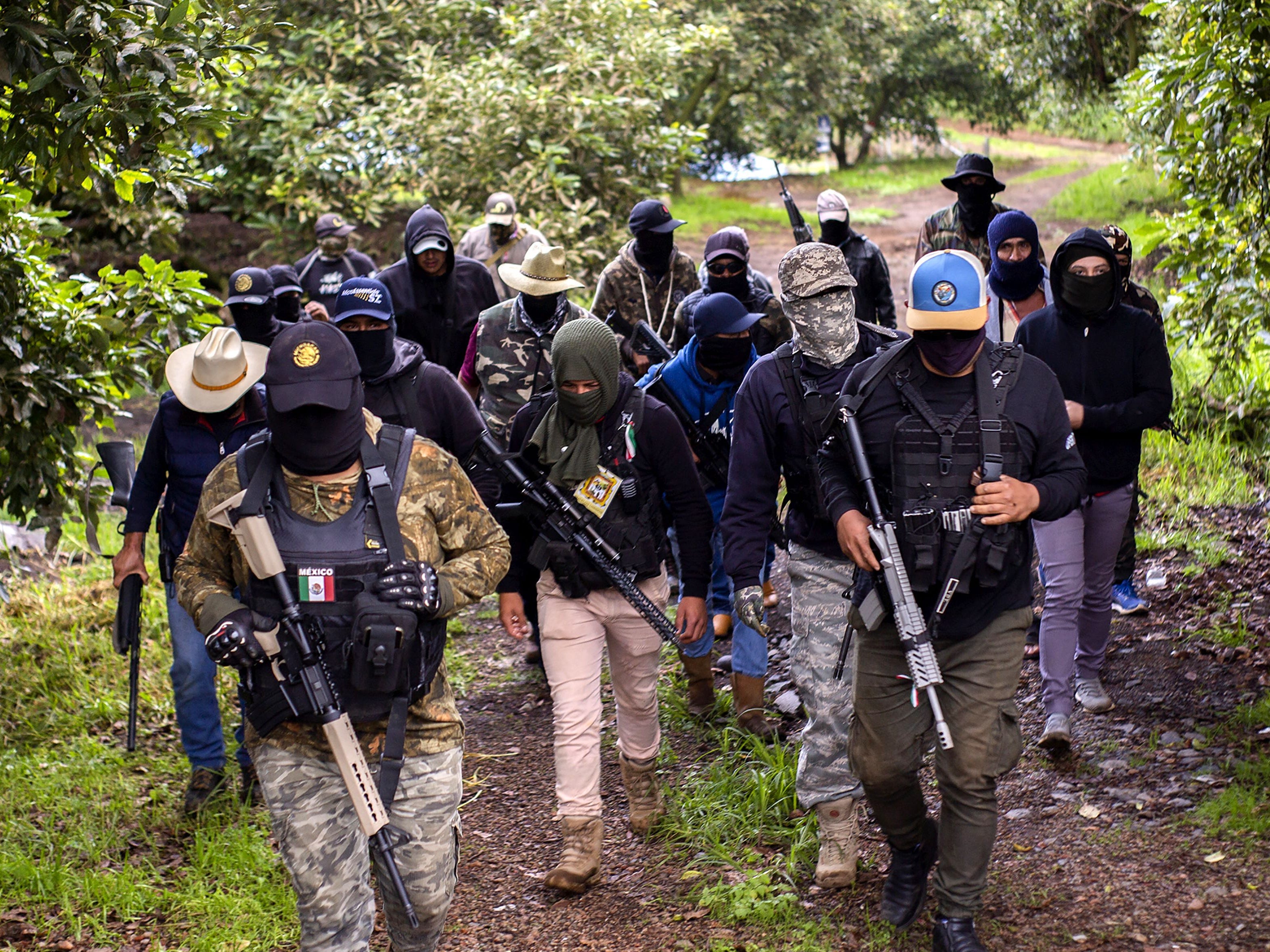 Mitglieder der Selbstverteidigungsgruppe Pueblos Unidos führen am 8. Juli 2021 in Ario de Rosales, Bundesstaat Michoacan, Mexiko, Wachaufgaben zum Schutz von Avocadoplantagen durch, die von Drogenkartellen ausgepeitscht werden, die das Gebiet beherrschen.