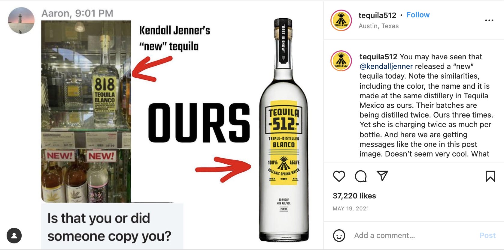Ein Screenshot zeigt einen von Tequila 512 geteilten Instagram-Post, der offensichtliche Ähnlichkeiten zwischen seiner Flasche und der Marke 818 Tequila von Kendall Jenner zeigt.