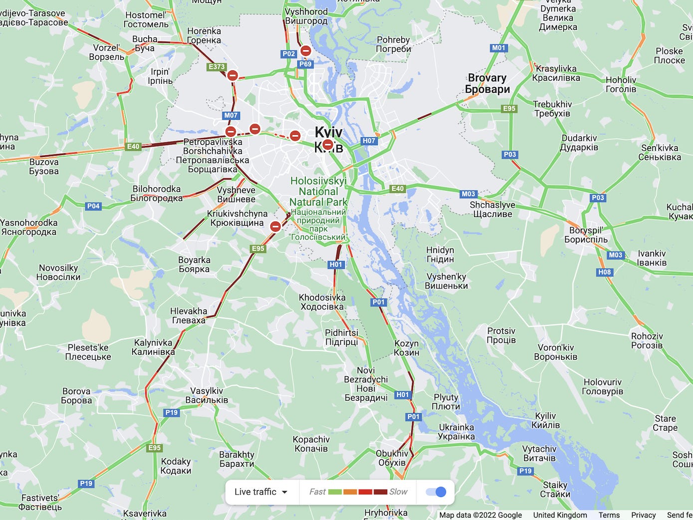 Eine Google-Karte zeigt die Geschwindigkeit des Verkehrs in Kiew.