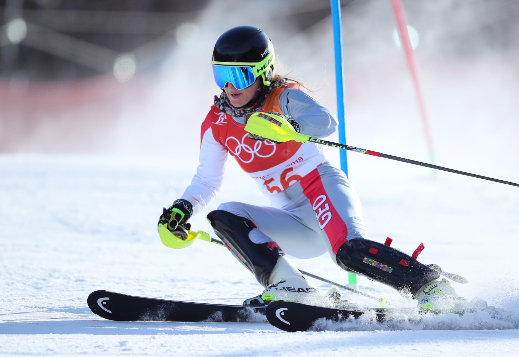 Nino Tsiklauri aus Georgien im 1. Lauf des Slaloms der Damen im Ski Alpin während der Olympischen Winterspiele 2018 in Pyeongchang in Yongpyong, Südkorea
