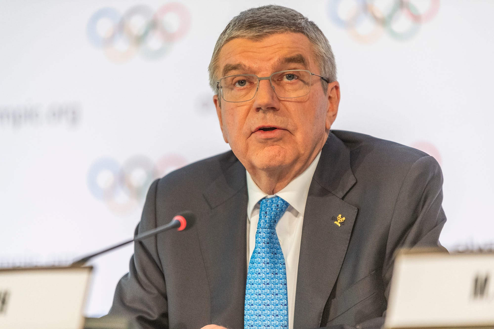 Thomas Bach, IOC-Präsident, der die Pressekonferenz zum Coronavirus in Bezug auf die Arbeitsgruppe leitet, die für die Olympischen Spiele 2020 in Tokio eingerichtet wurde, um sie im Olympiahaus sicherer zu machen
