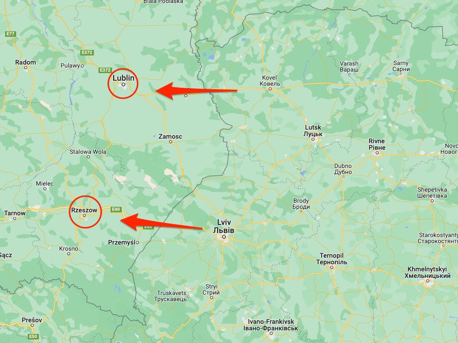 Karte der ukrainisch-polnischen Grenze mit Kreisen um zwei polnische Großstädte