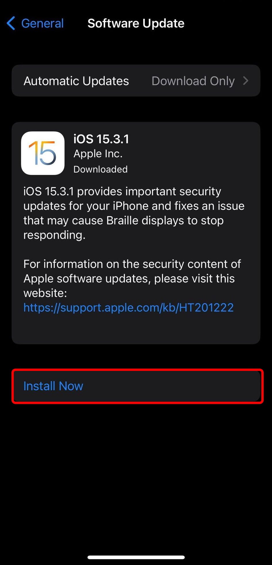 iPhone-Bildschirm „Softwareaktualisierung“ mit hervorgehobener Schaltfläche „Jetzt installieren“.