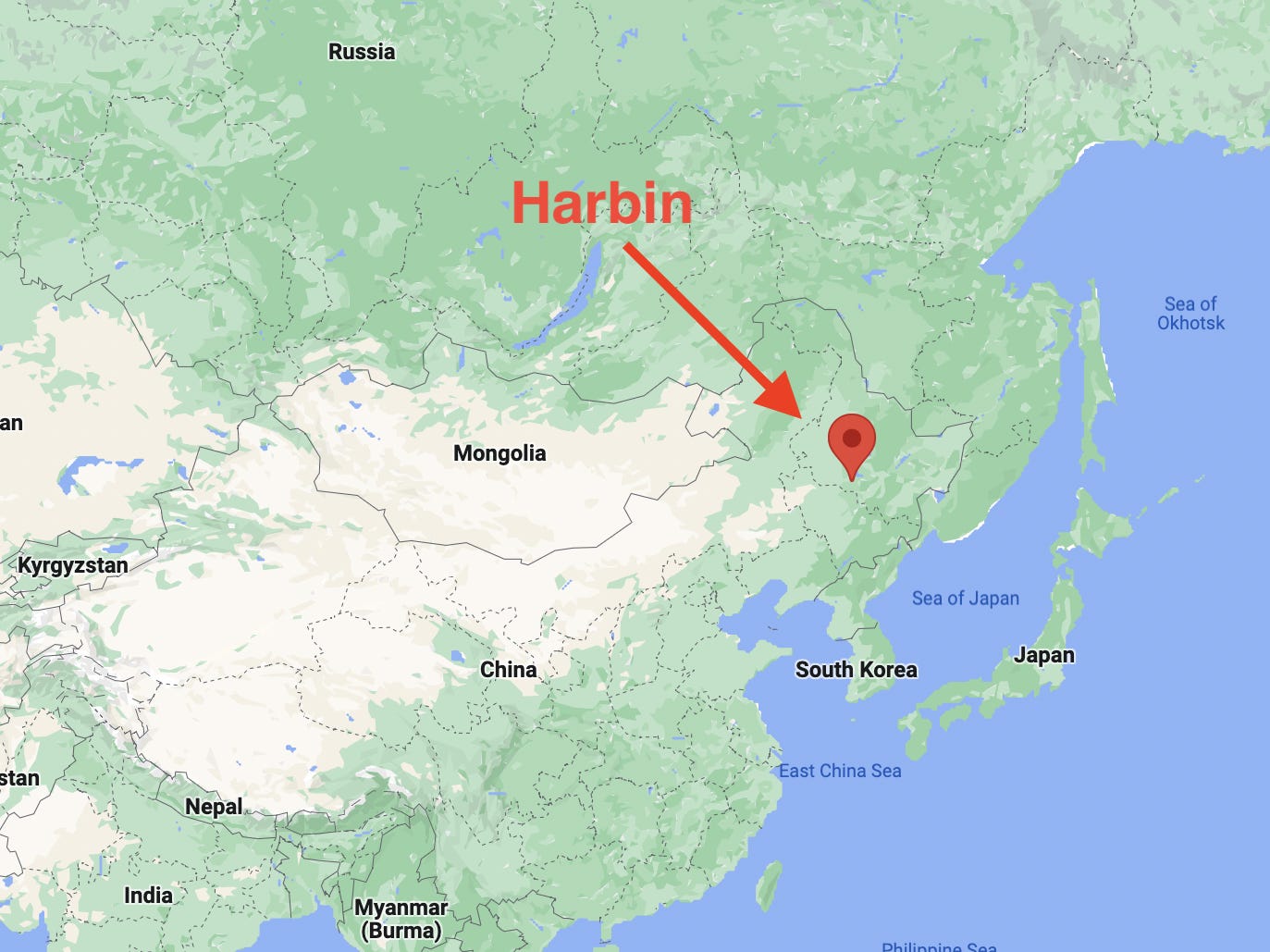 Eine Teilkarte von Asien, die zeigt, wo sich Harbin in China befindet.