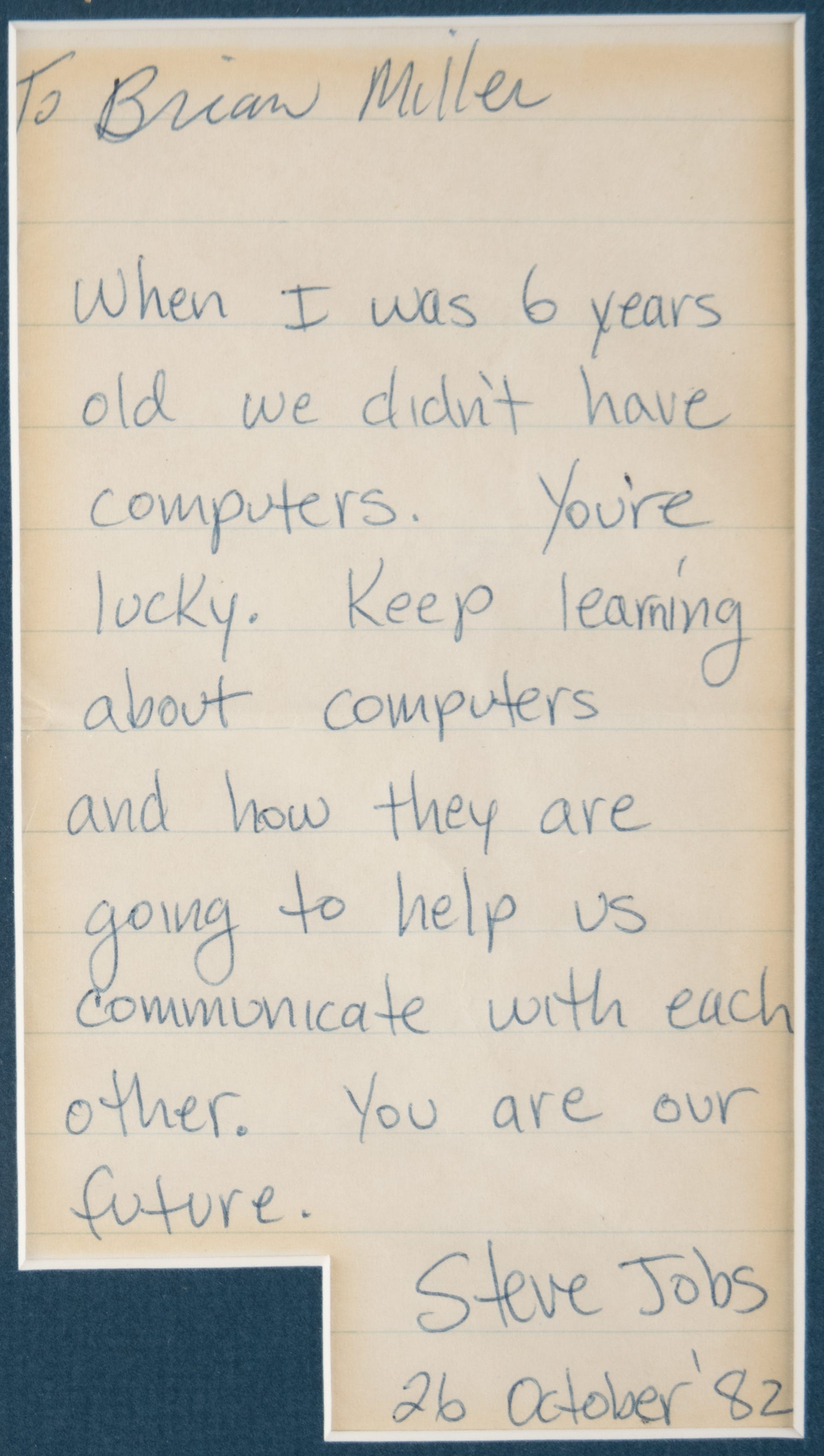 Steve Jobs handsignierte Notiz an einen 6-Jährigen namens Brian Miller
