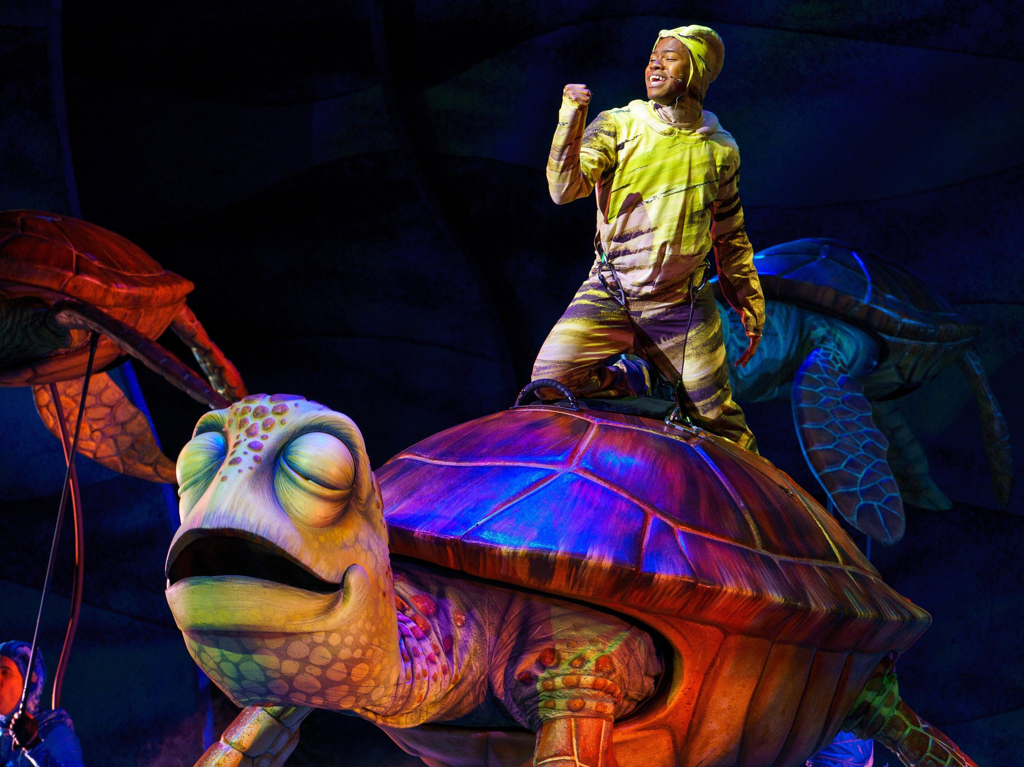 Dante Payne tritt als Crush the Turtle in Finding Nemo, dem Musical bei Diney World, auf
