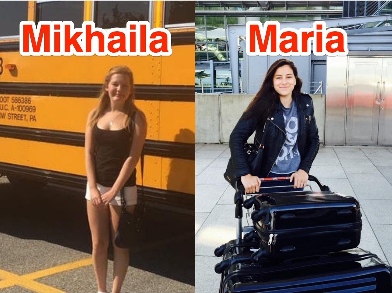 Mikhaila Friel in den USA (links) und Maria Noyen vor ihrem ersten Studienflug in die USA (rechts).