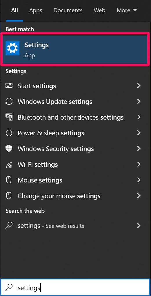 Screenshot des Suchmenüs von Windows 10 mit hervorgehobenem Ergebnis „Einstellungen“.