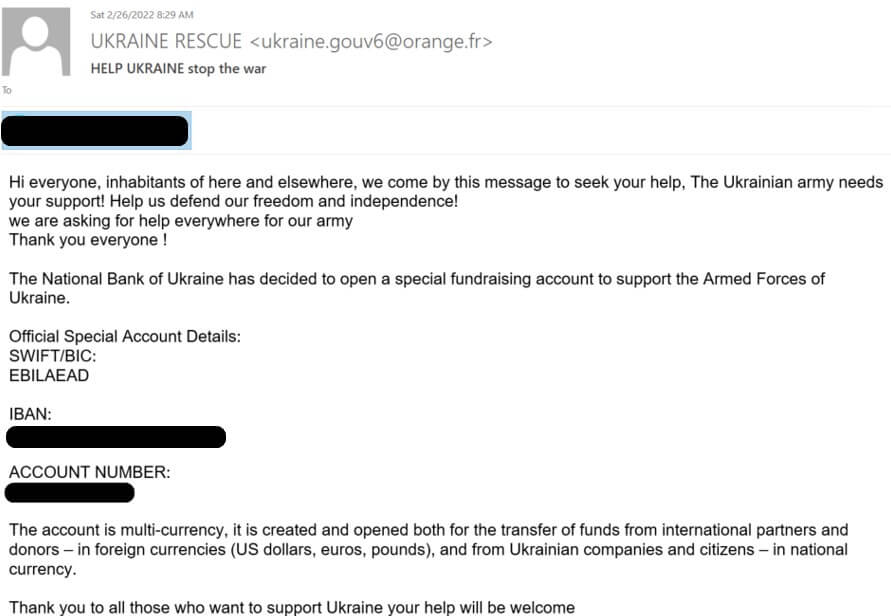 Ein Beispiel für eine Phishing-E-Mail, um Menschen um Spenden für die Ukraine zu betrügen