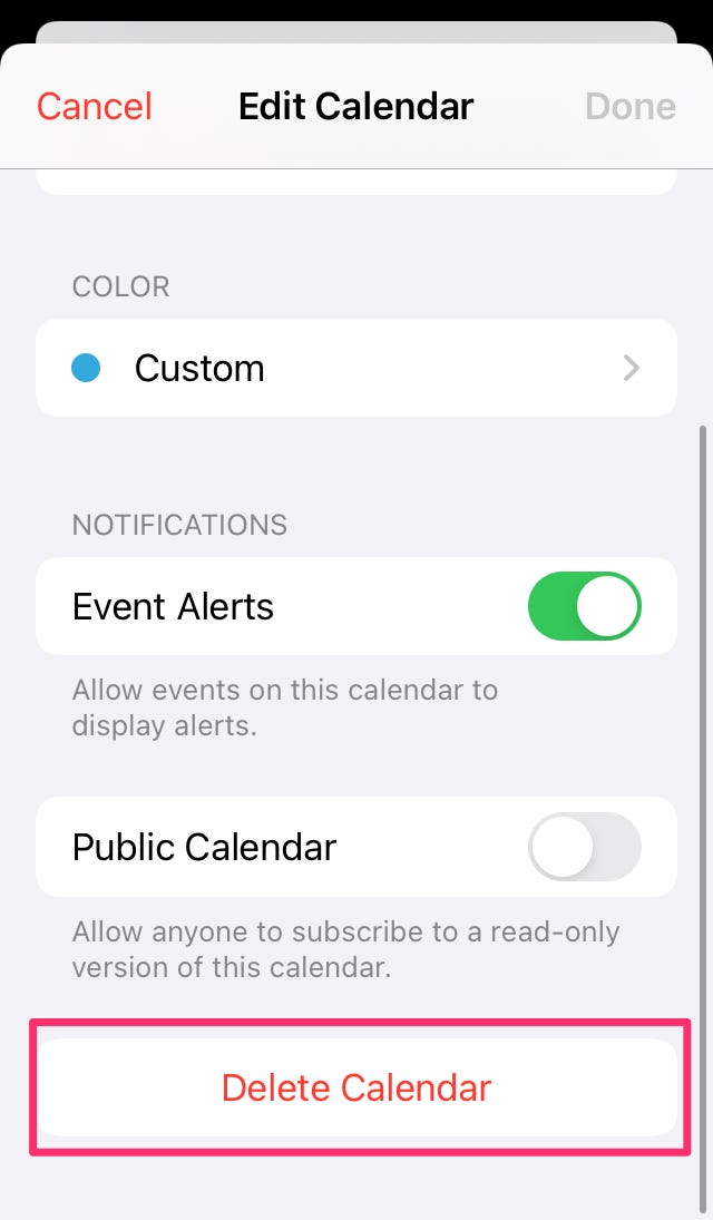 Screenshot, der die Schaltfläche „Kalender löschen“ in der Kalender-App auf einem iPhone hervorhebt.