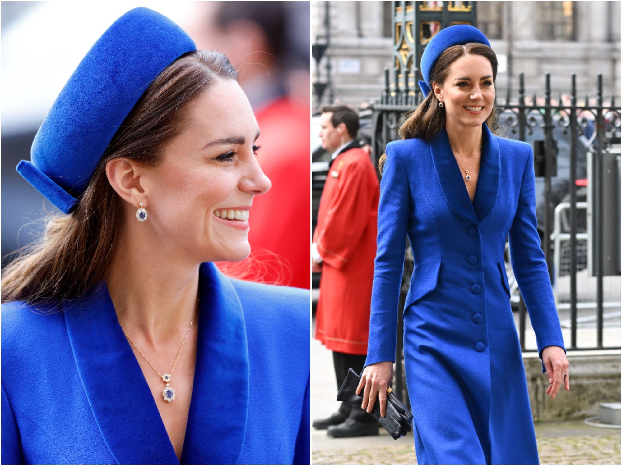 Kate Middleton trägt ein blaues Mantelkleid und Prinzessin Dianas Saphirohrringe