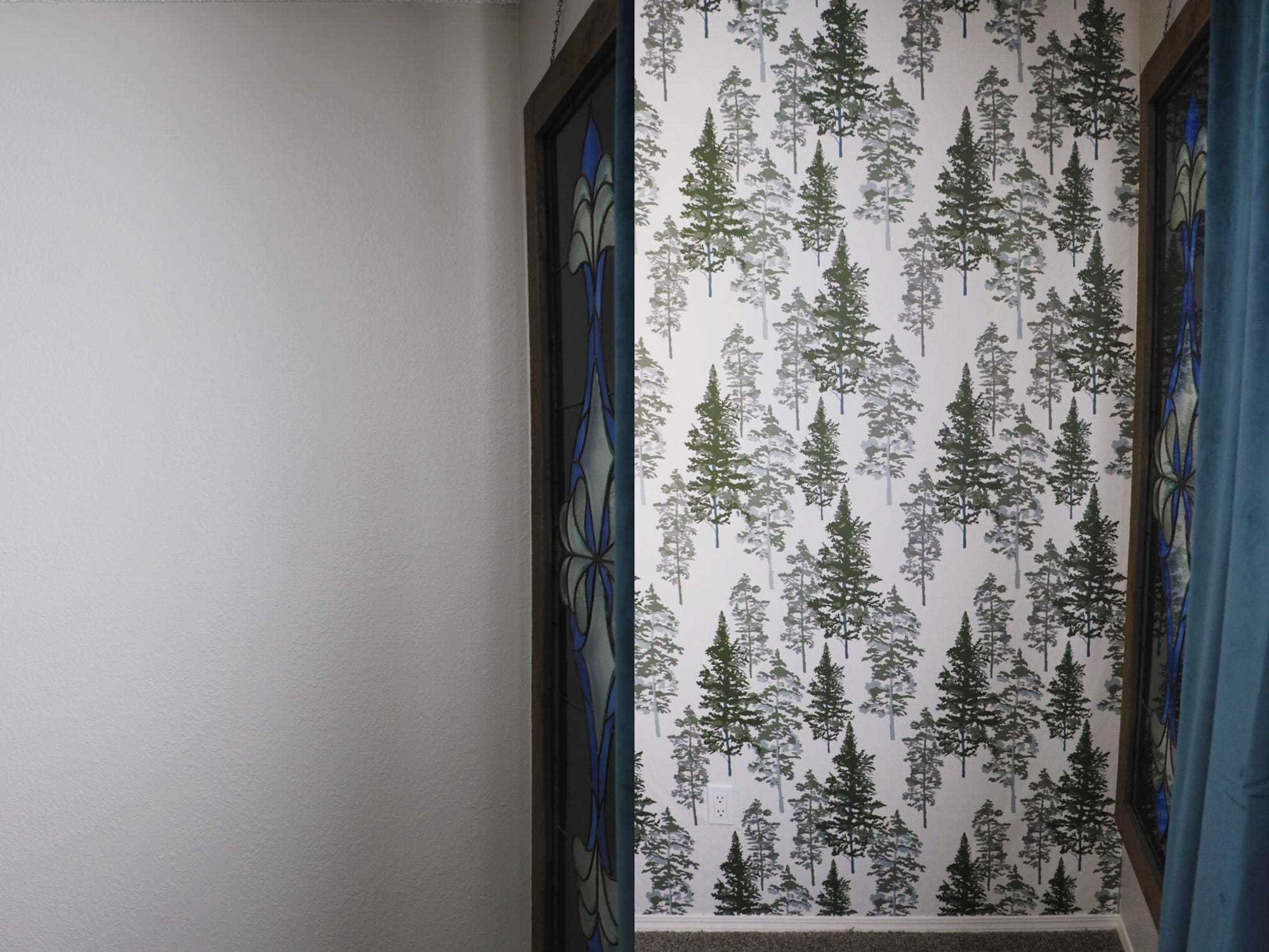 Vorher-Nachher-Collage einer schlichten weißen Wand und der gleichen Wand mit weißer und grüner Abziehtapete mit Baumdruck von Chasing Paper.