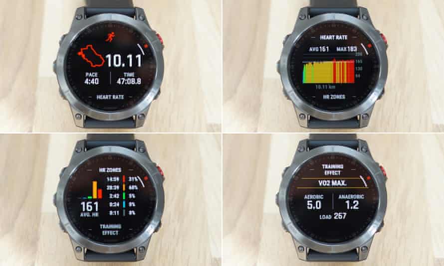 die Bildschirme nach dem Lauf mit Statistiken zu Herzfrequenz, Pace und Fitness auf einem Garmin Epix