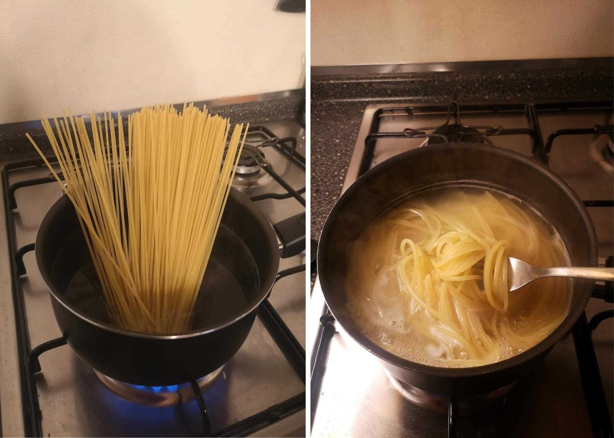 Spaghetti werden in kochendem Wasser gekocht.