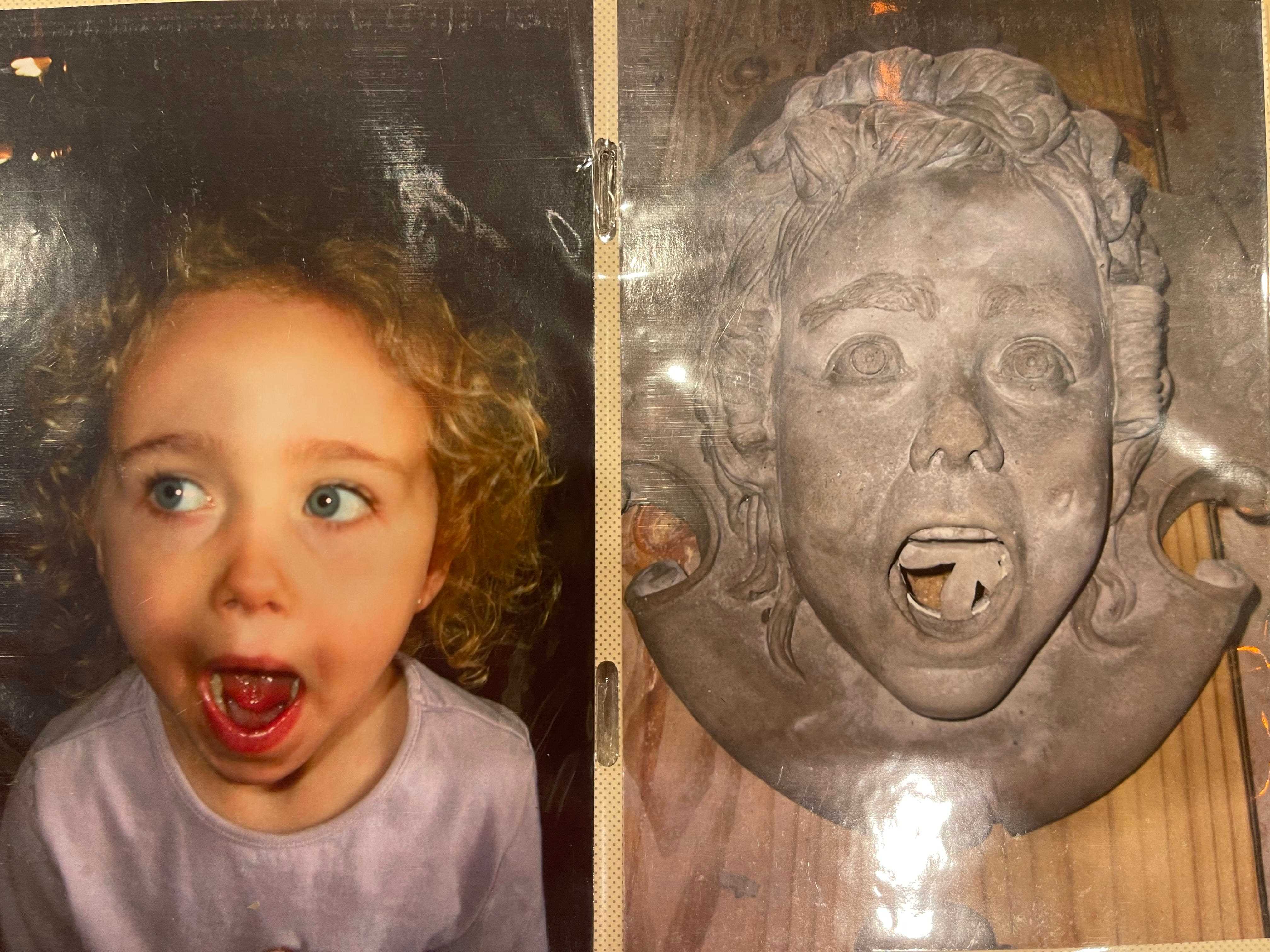 Skulptur, die dem Gesicht eines kleinen Mädchens nachempfunden ist.