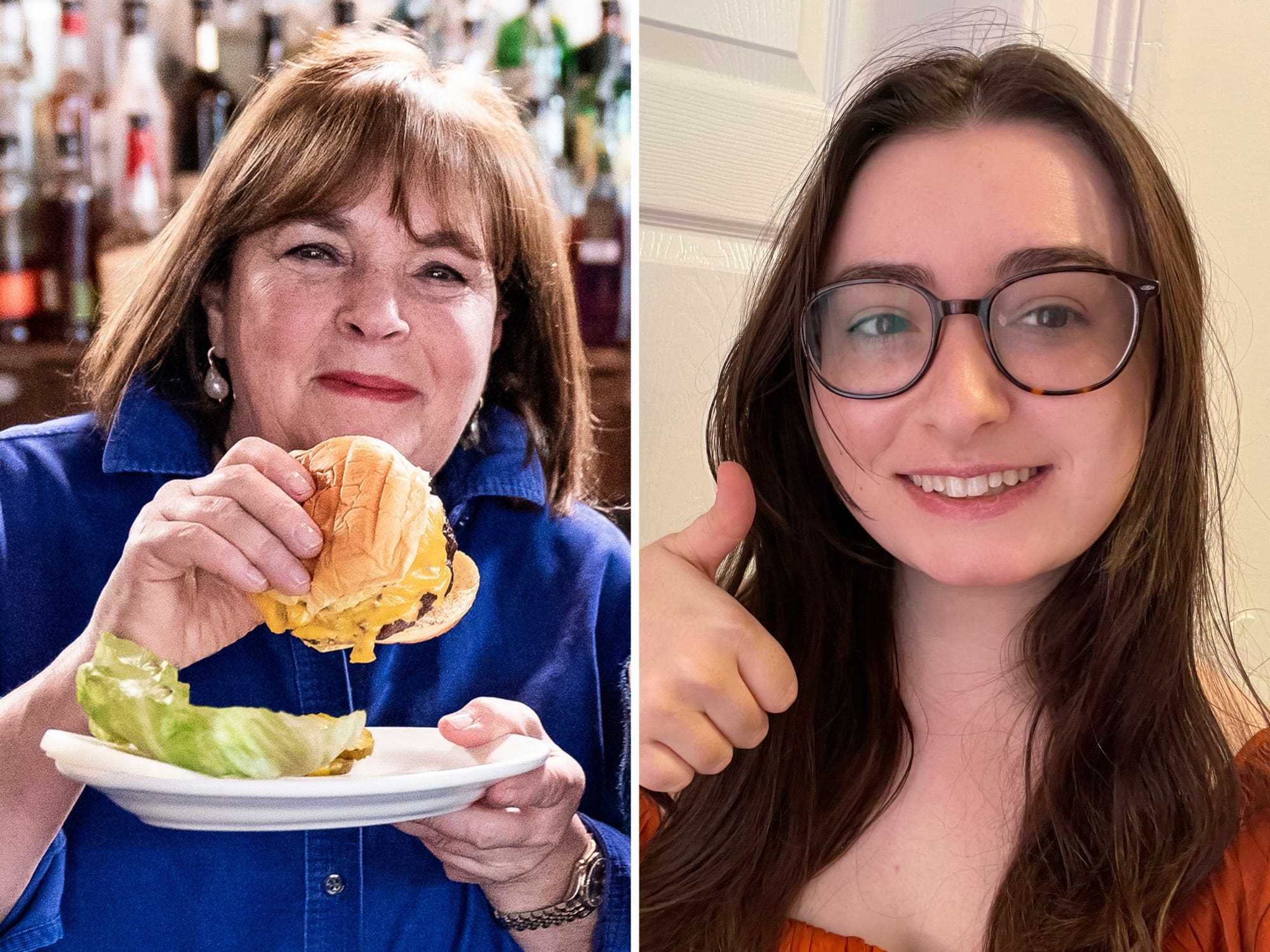 ina garten einen Burger essend und ein Foto des lächelnden Autors