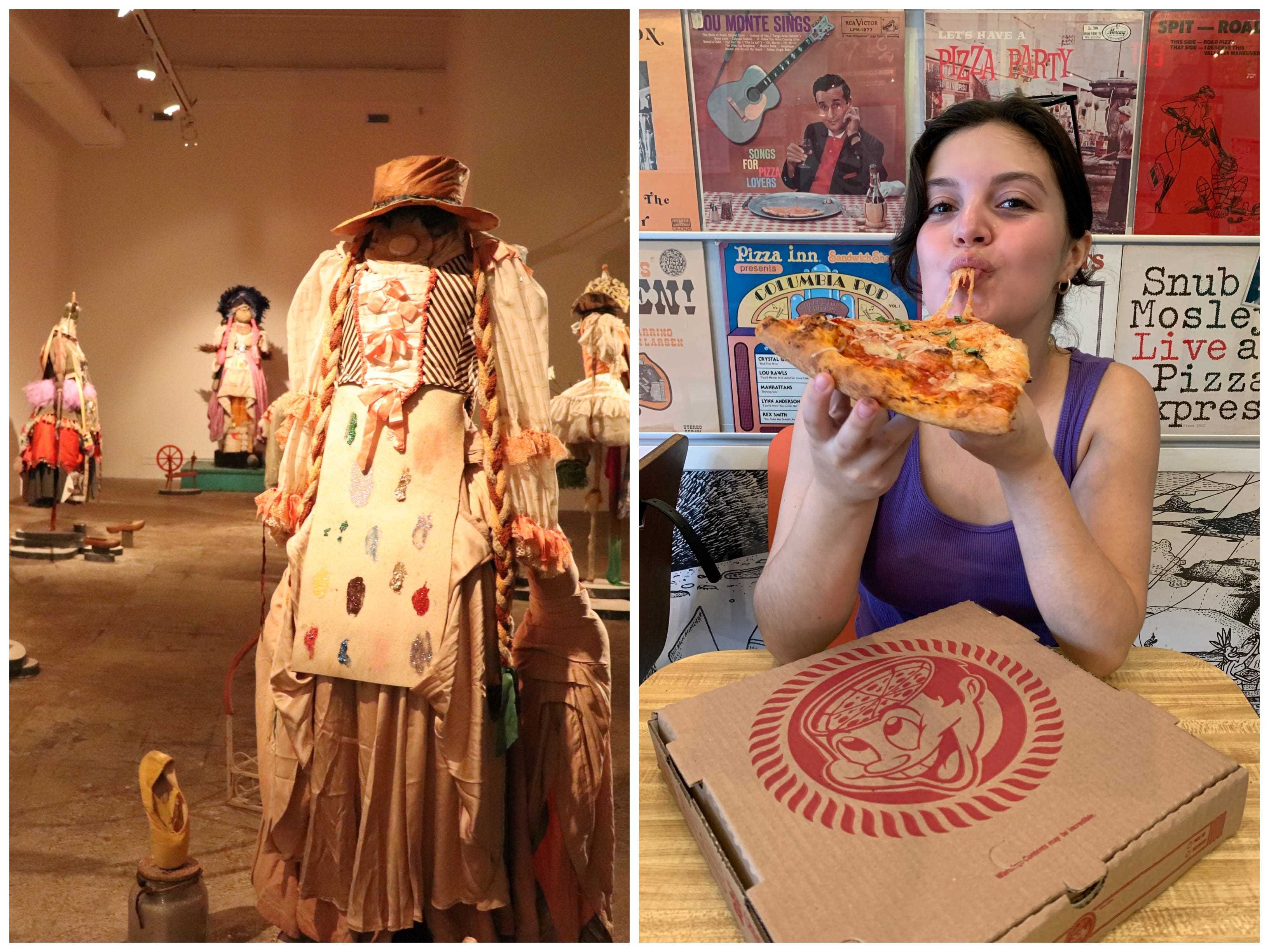 Eine Ausstellung von The Fabric Workshop and Museum in Philadelphia;  ein Foto der Autorin Gabi Stevenson, die im Pizza Brain in Philadelphia Pizza isst