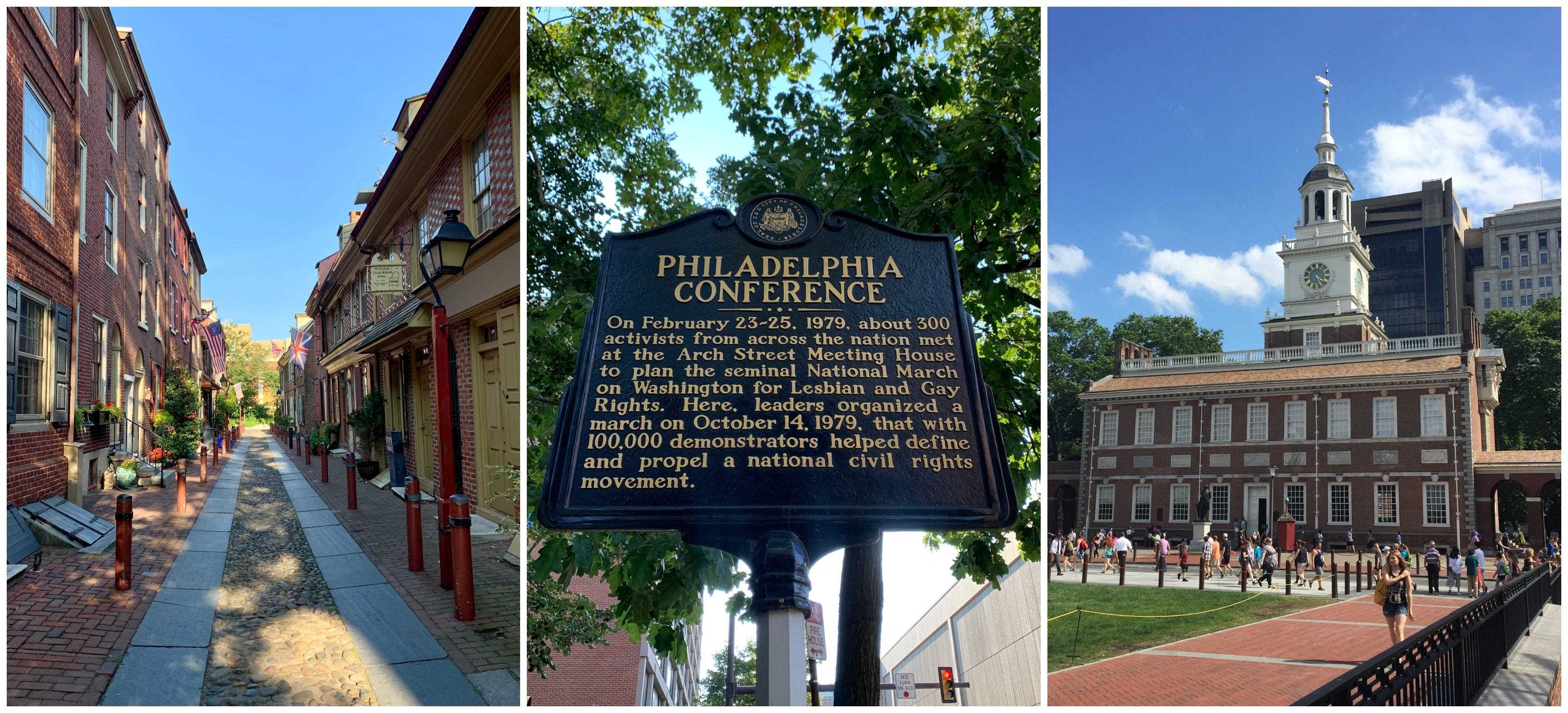 Elfreths Gasse in Philadelphia;  ein Geschichtsmarker in Philadelphia;  Unabhängigkeitshalle in Philadelphia