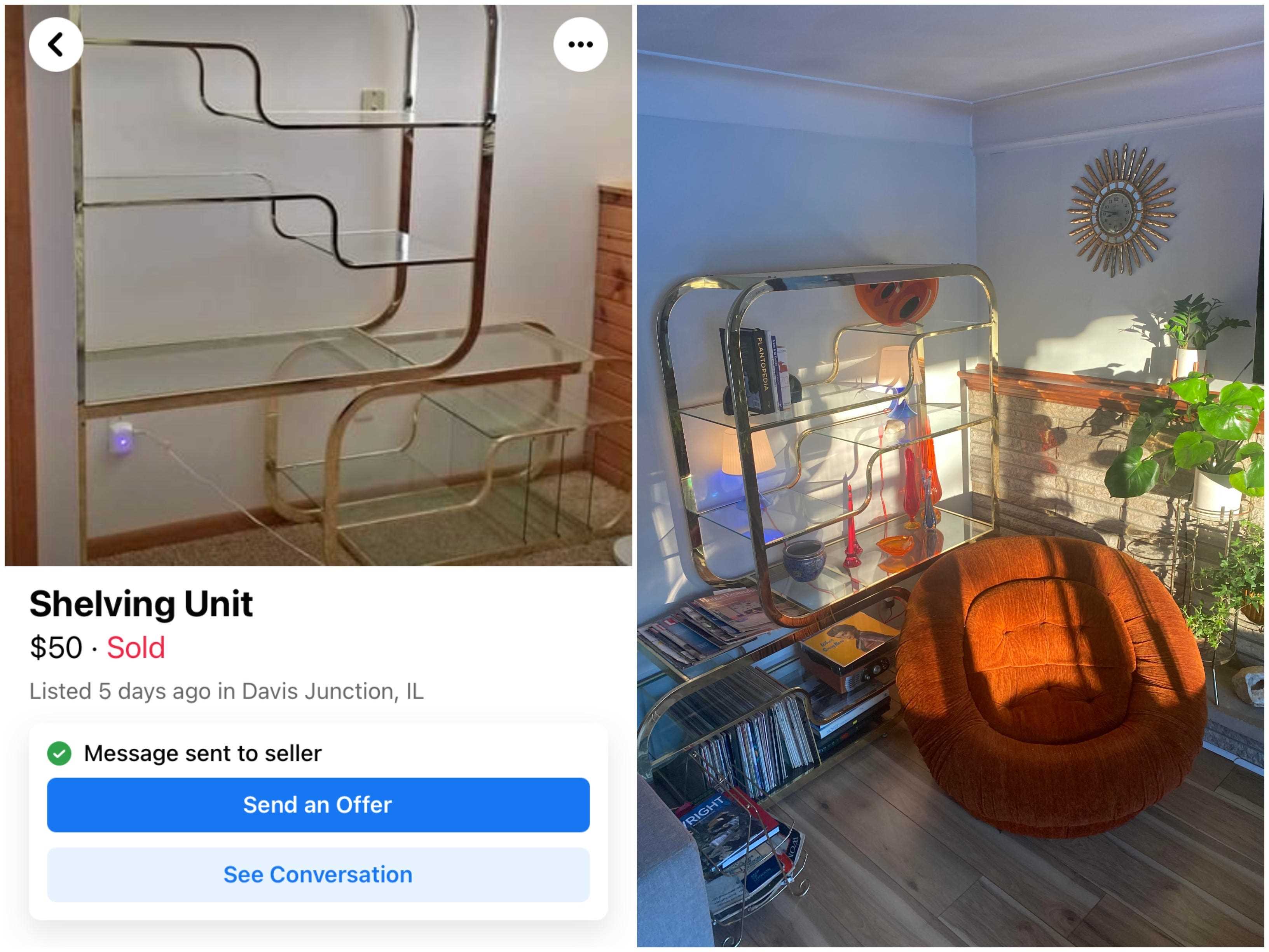 Ein Screenshot eines Facebook Marketplace-Eintrags für eine Regaleinheit;  das Regal in Kenwards Wohnzimmer