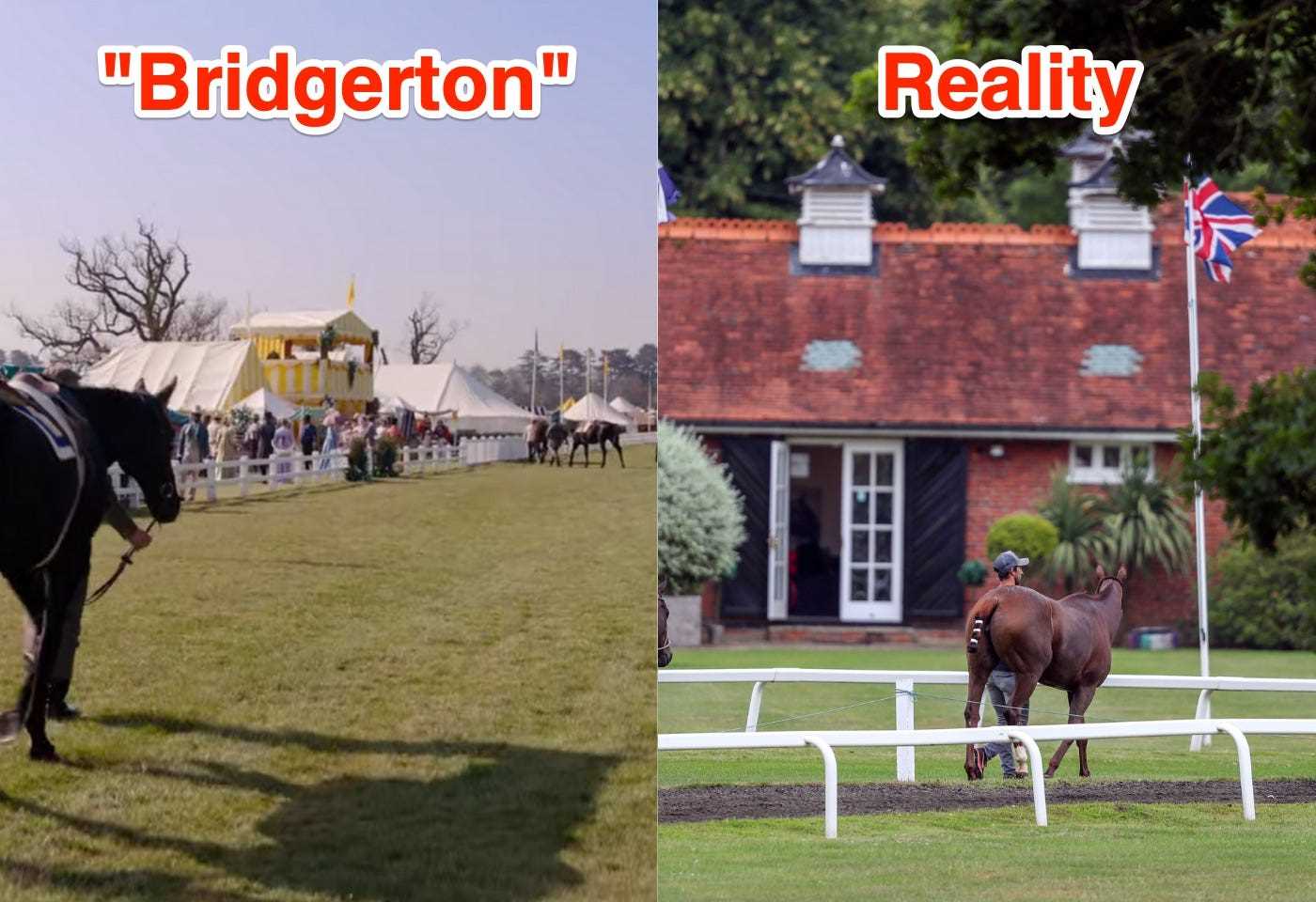 Royal County of Berkshire Polo Club in „Bridgerton“ (links) und in der Realität (rechts).