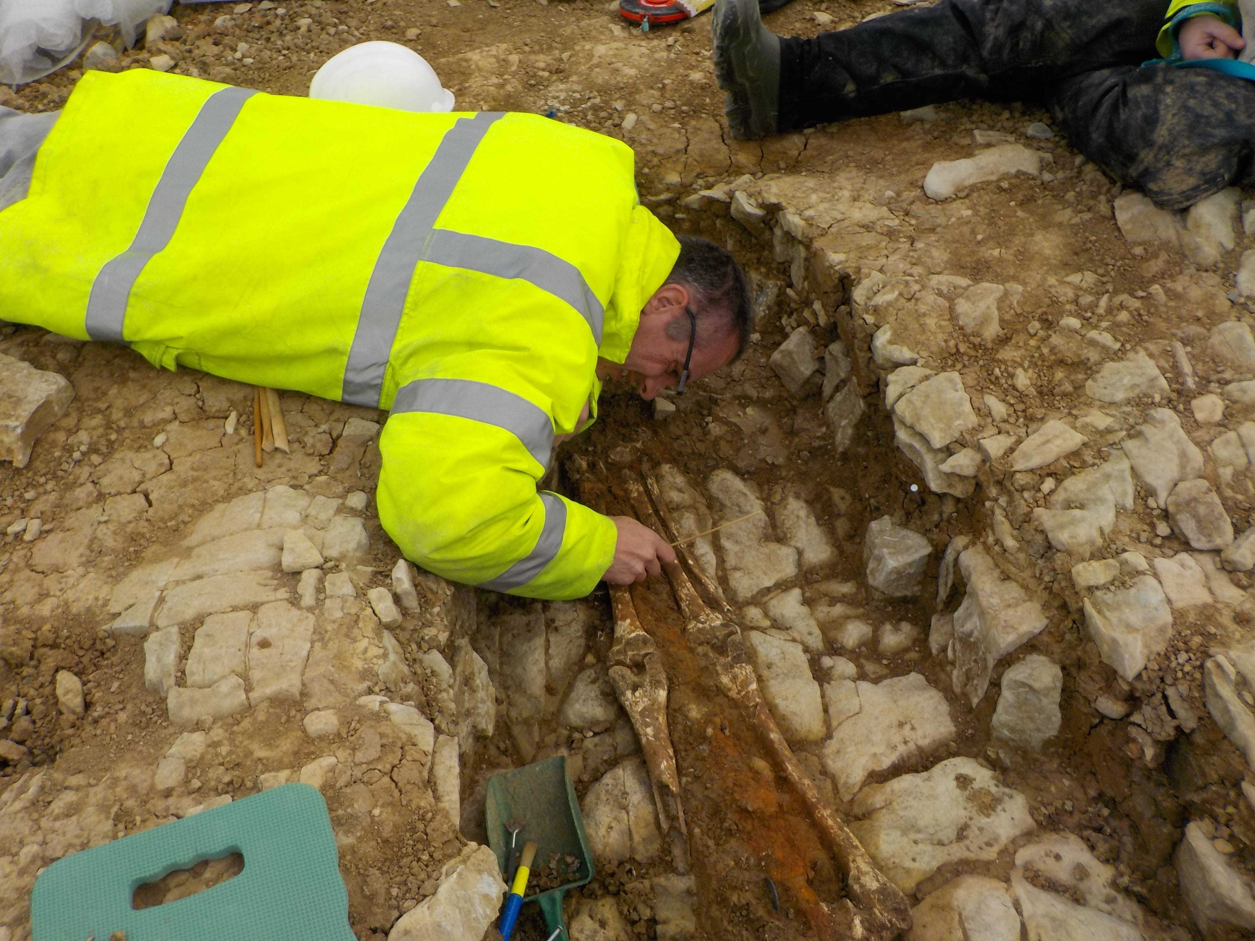 Einer aus dem Team in Barry, Wales, der ein Skelett aus der Römerzeit freilegt