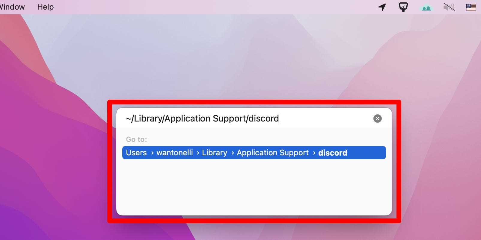 Das Menü „Gehe zu Ordner“ in macOS, mit „~/Library/Application Support/discord“ eingegeben.