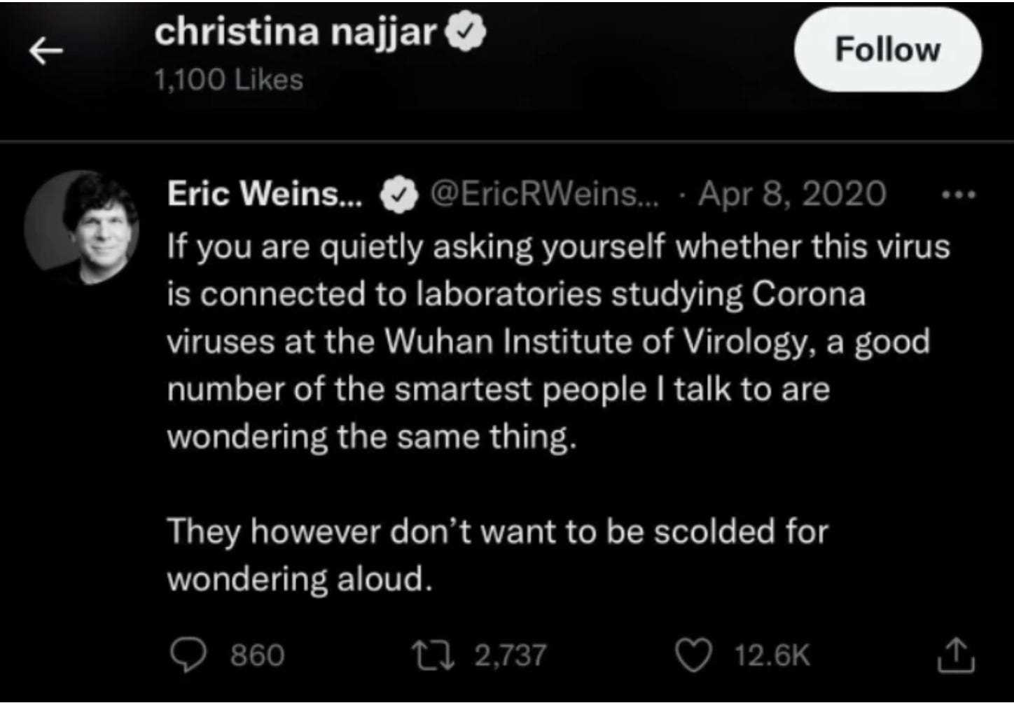 Christina Najjar alias Tinx liket den Tweet von Eric Weiss über den Ursprung des Coronavirus