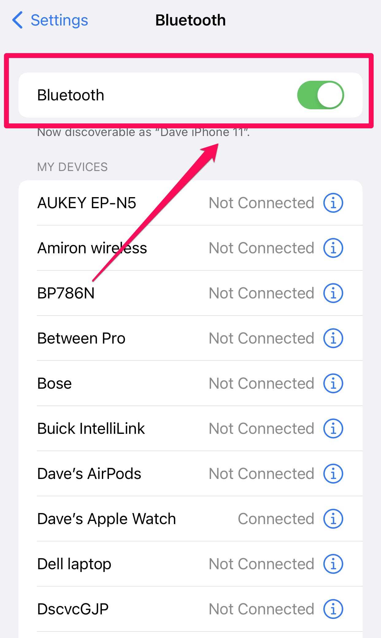 Die Bluetooth-Seite in der iPhone-App „Einstellungen“.